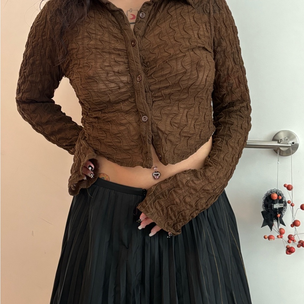 Brown Textured Long Sleeve Top